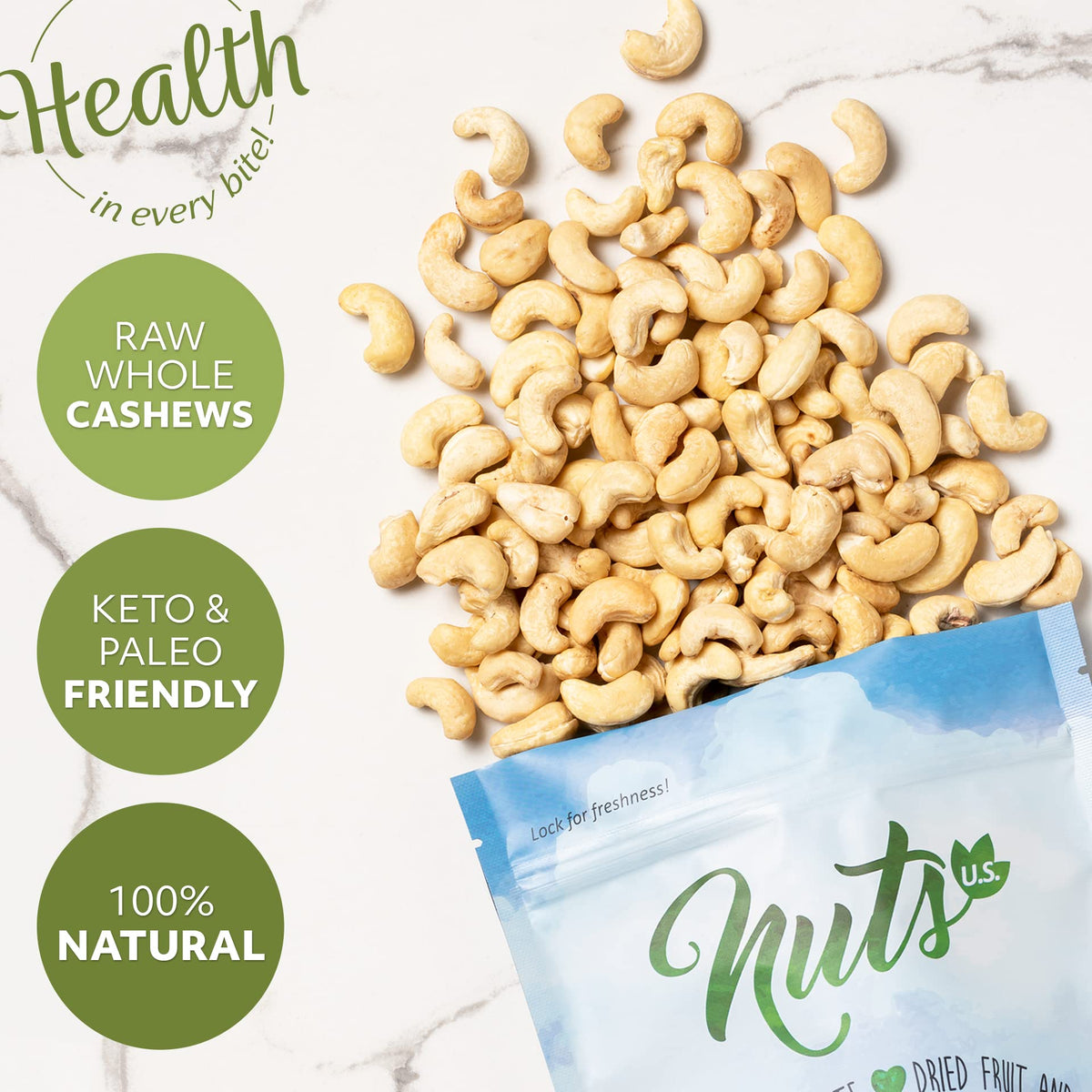 NUTS US Cashews – Raw, Unsalted Whole Kernels, No Shell, 4 LBS