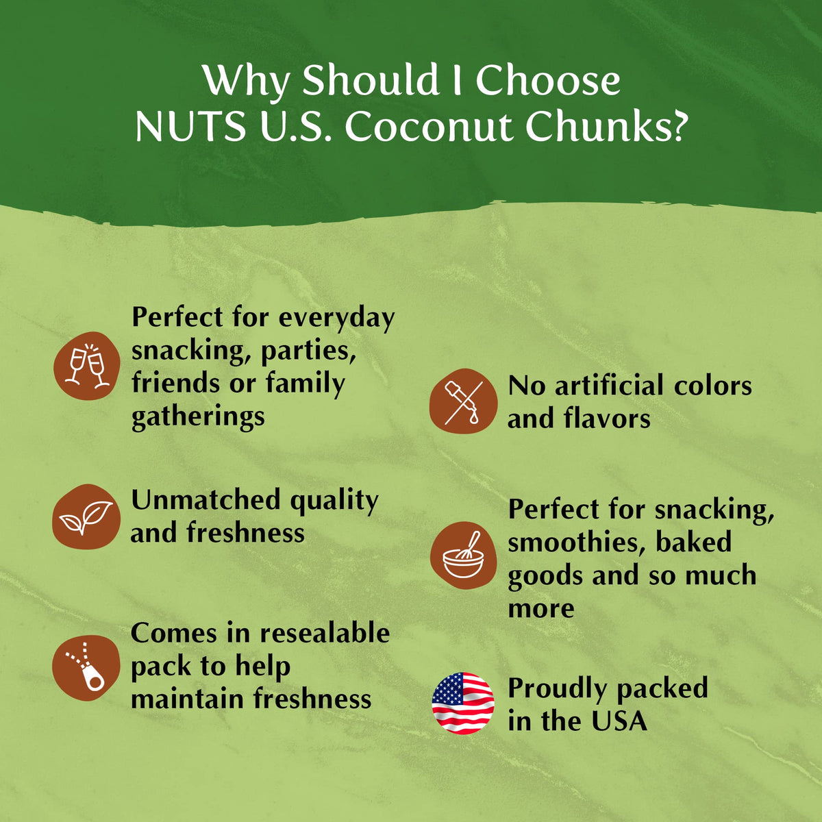 NUTS U.S. Coconut Chunks – Sweetened, No Artificial Colors, Resealable Bag 3 LBS