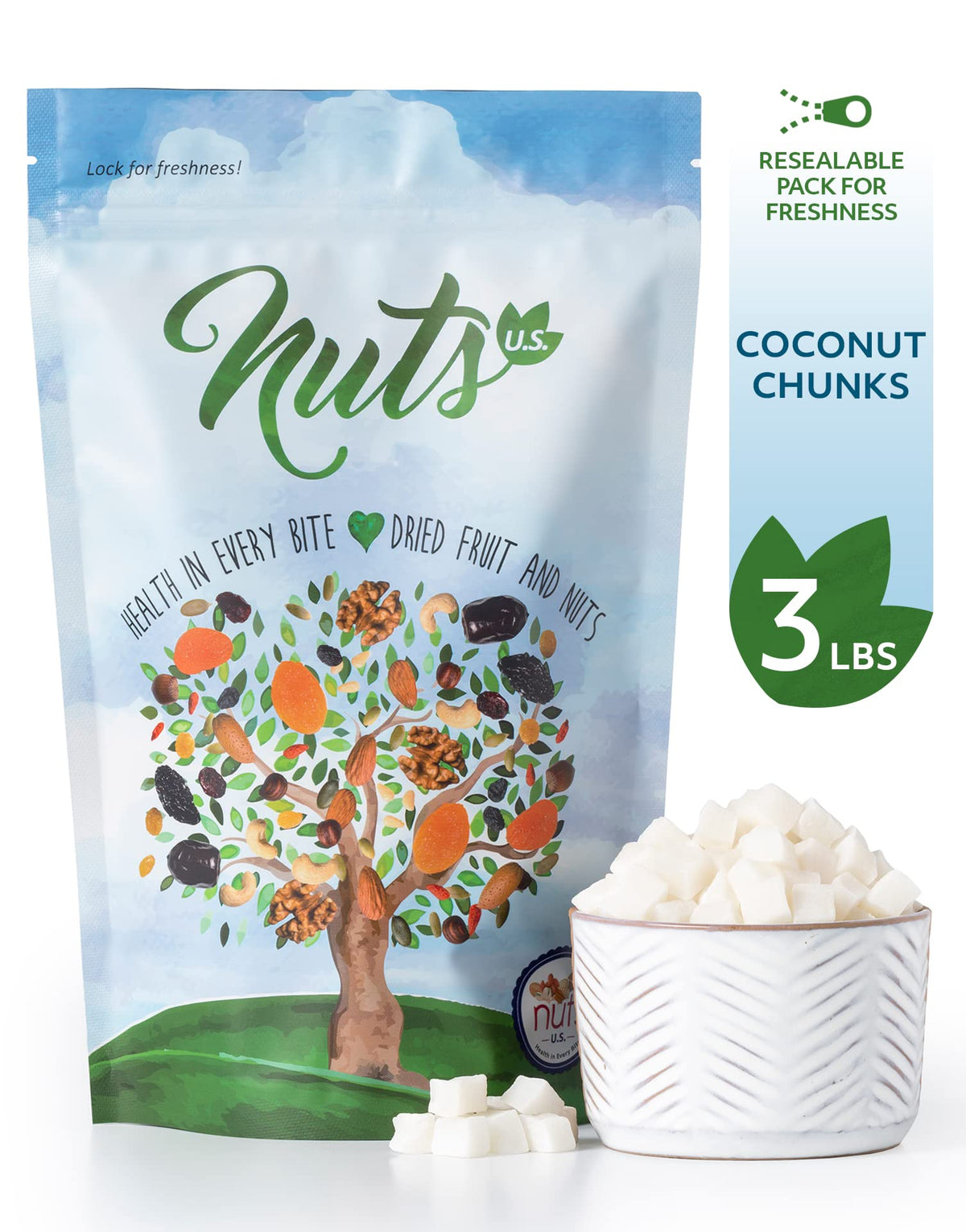NUTS U.S. Coconut Chunks – Sweetened, No Artificial Colors, Resealable Bag 3 LBS