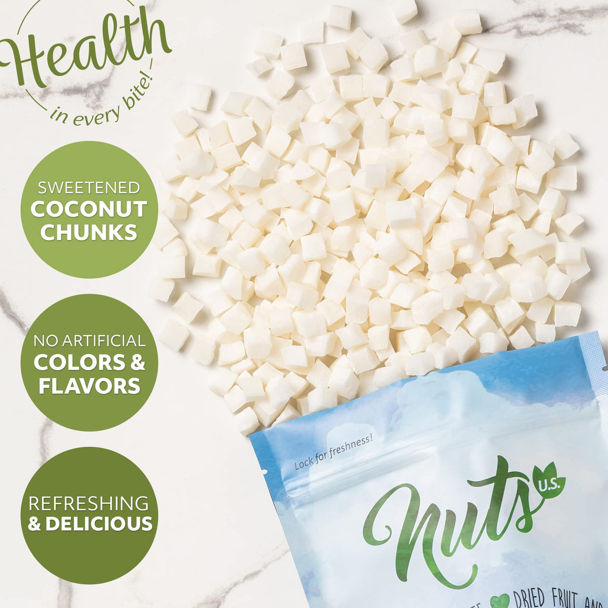 NUTS U.S. Coconut Chunks – Sweetened, No Artificial Colors, Resealable Bag 3 LBS