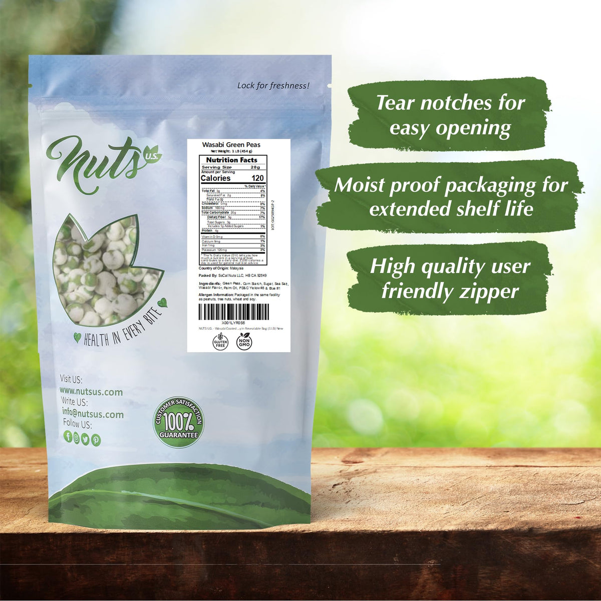 NUTS U.S. Wasabi-Coated Green Peas – Vegan, Premium Quality Crunchy & Spicy Snack (3 LBS)