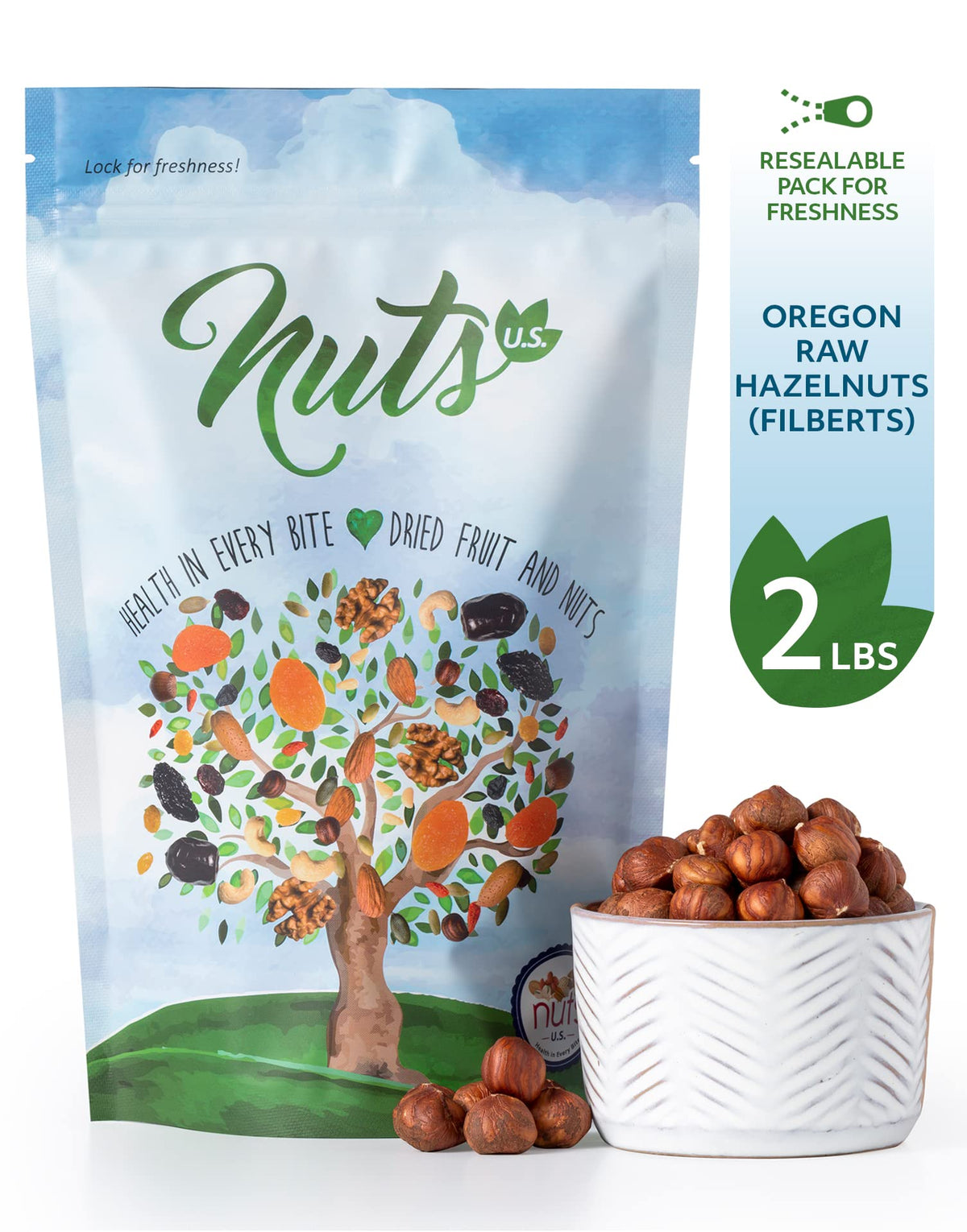 NUTS U.S. Oregon Hazelnuts (Filberts) – Raw & Unsalted, Steam Pasteurized, NON-GMO | 2 LBS Resealable Bag