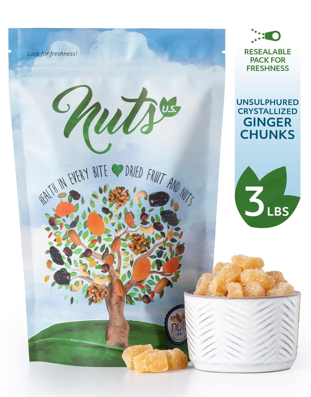 NUTS U.S. Unsulphured Crystallized Ginger Chunks – Resealable 3 lb Bag | No Artificial Colors