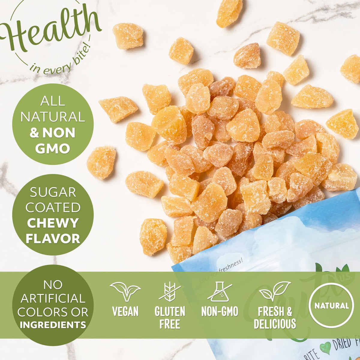NUTS U.S. Unsulphured Crystallized Ginger Chunks – Resealable 3 lb Bag | No Artificial Colors