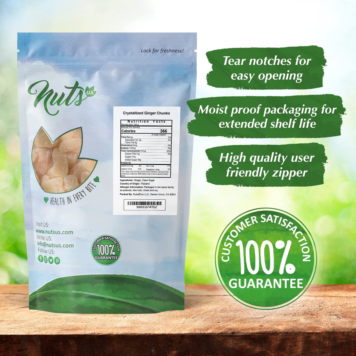 NUTS U.S. Unsulphured Crystallized Ginger Chunks – Resealable 3 lb Bag | No Artificial Colors