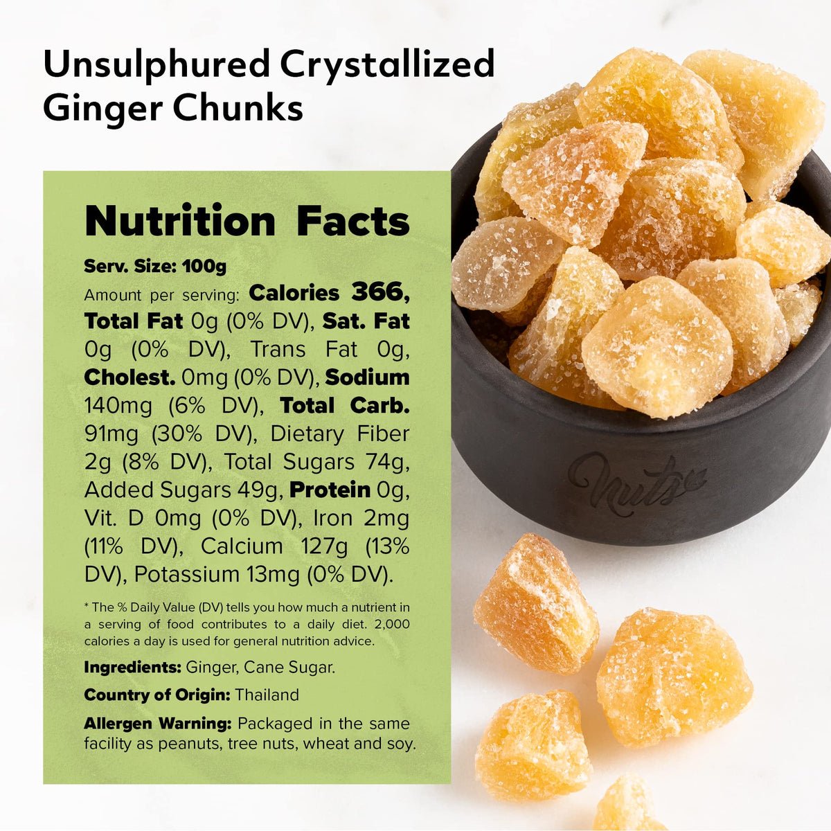 NUTS U.S. Unsulphured Crystallized Ginger Chunks – Resealable 3 lb Bag | No Artificial Colors