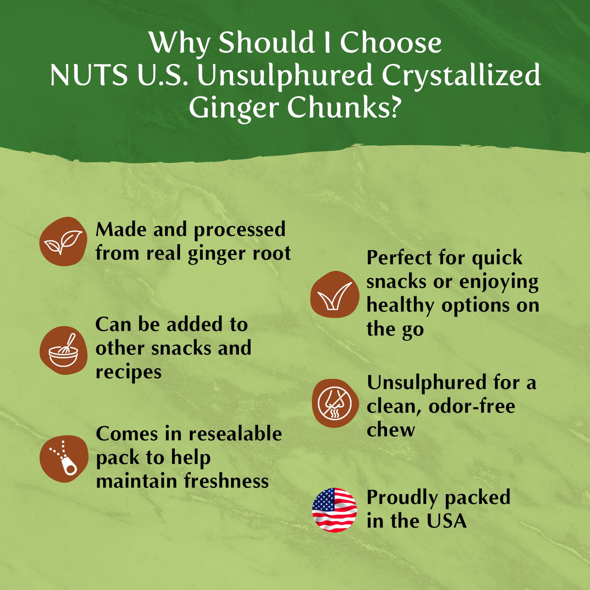 NUTS U.S. Unsulphured Crystallized Ginger Chunks – Resealable 3 lb Bag | No Artificial Colors