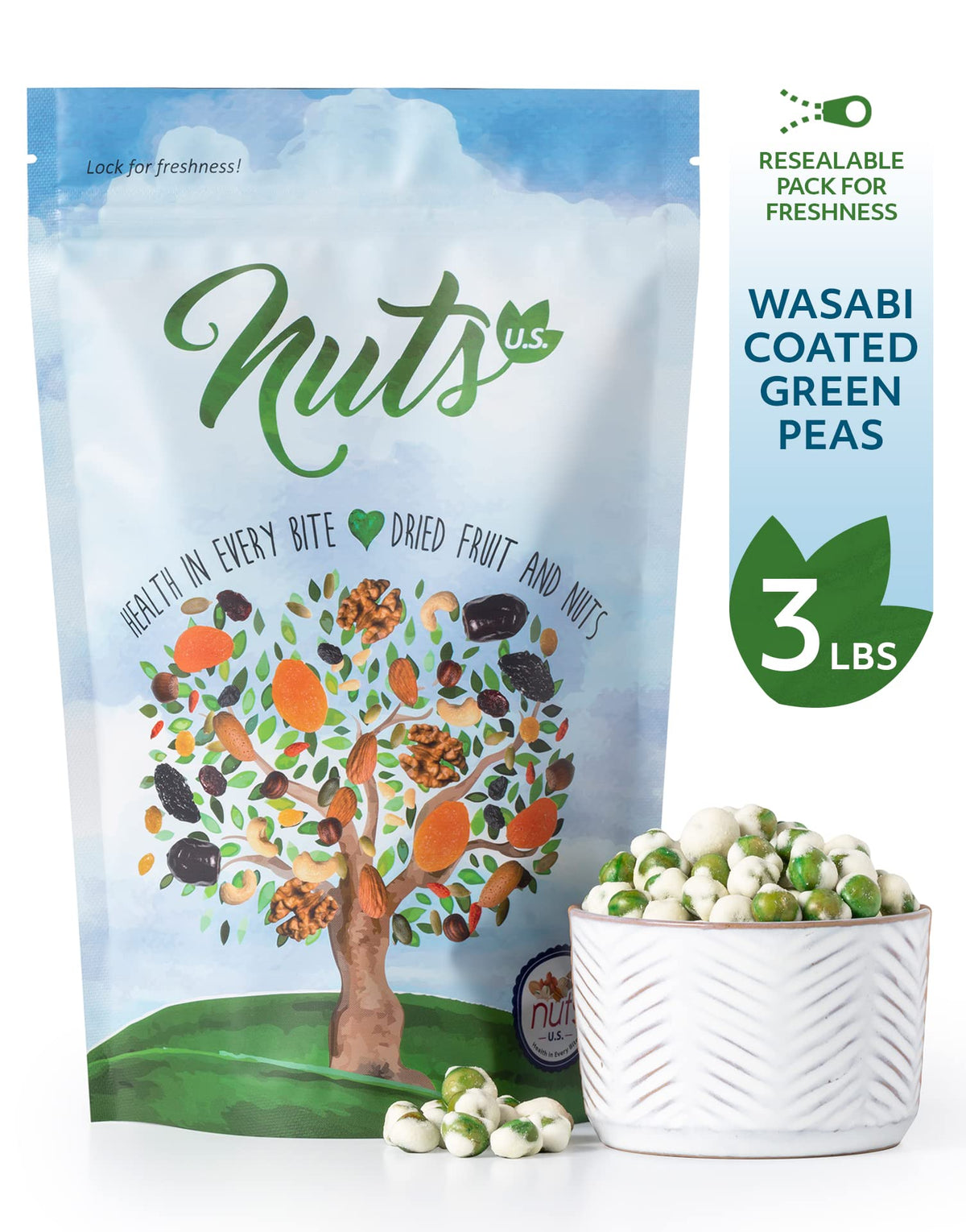 NUTS U.S. Wasabi-Coated Green Peas – Vegan, Premium Quality Crunchy & Spicy Snack (3 LBS)