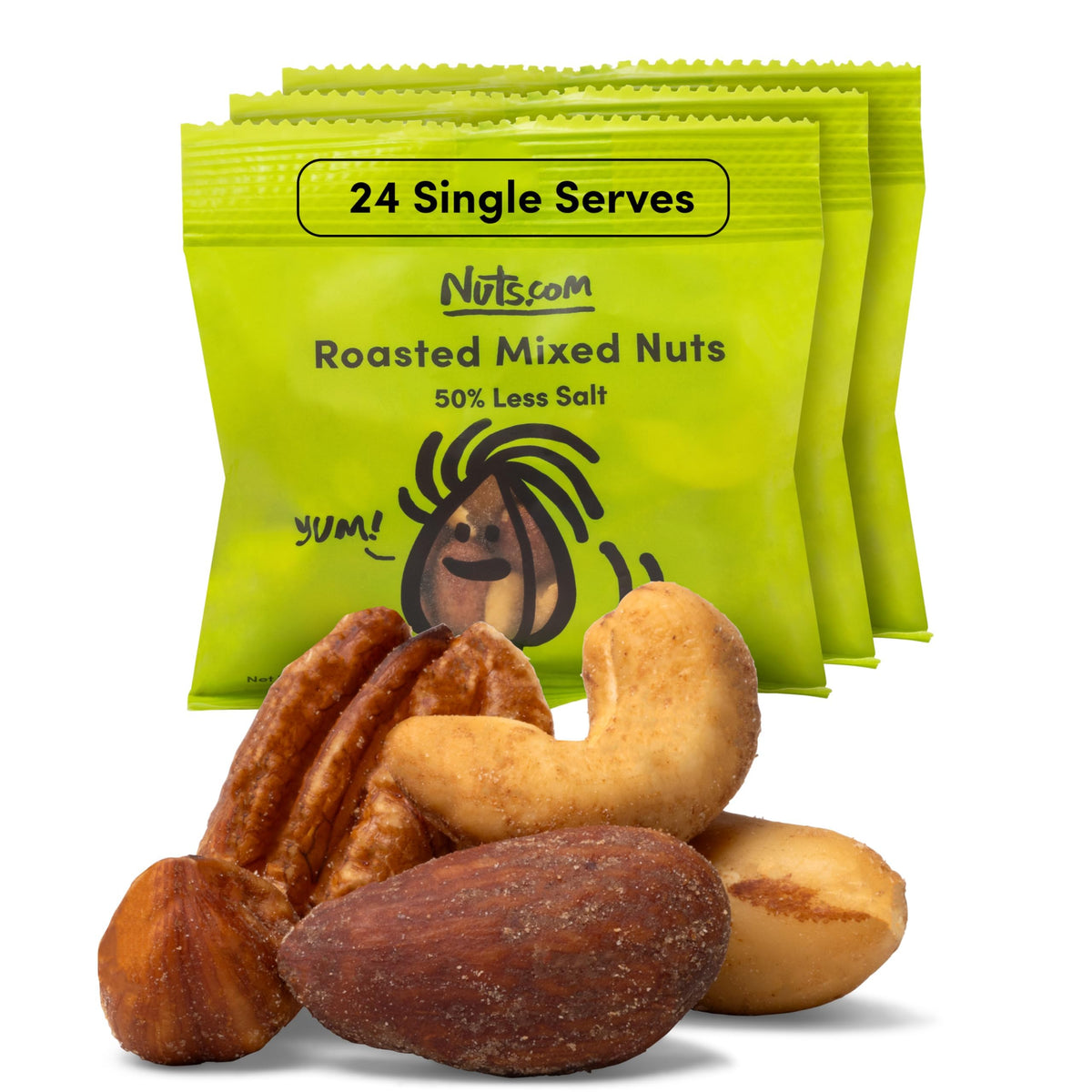 Nuts.com Roasted Mixed Nuts (50% Less Salt) – 24 Single-Serve Packs | Gluten-Free, Kosher, No Peanuts