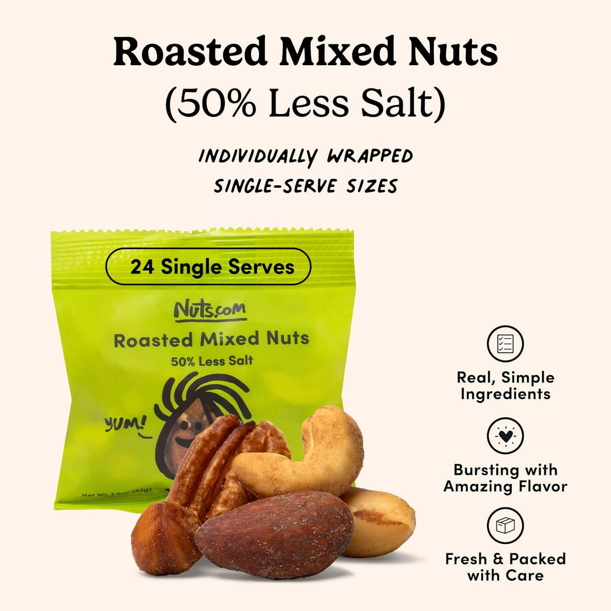 Nuts.com Roasted Mixed Nuts (50% Less Salt) – 24 Single-Serve Packs | Gluten-Free, Kosher, No Peanuts