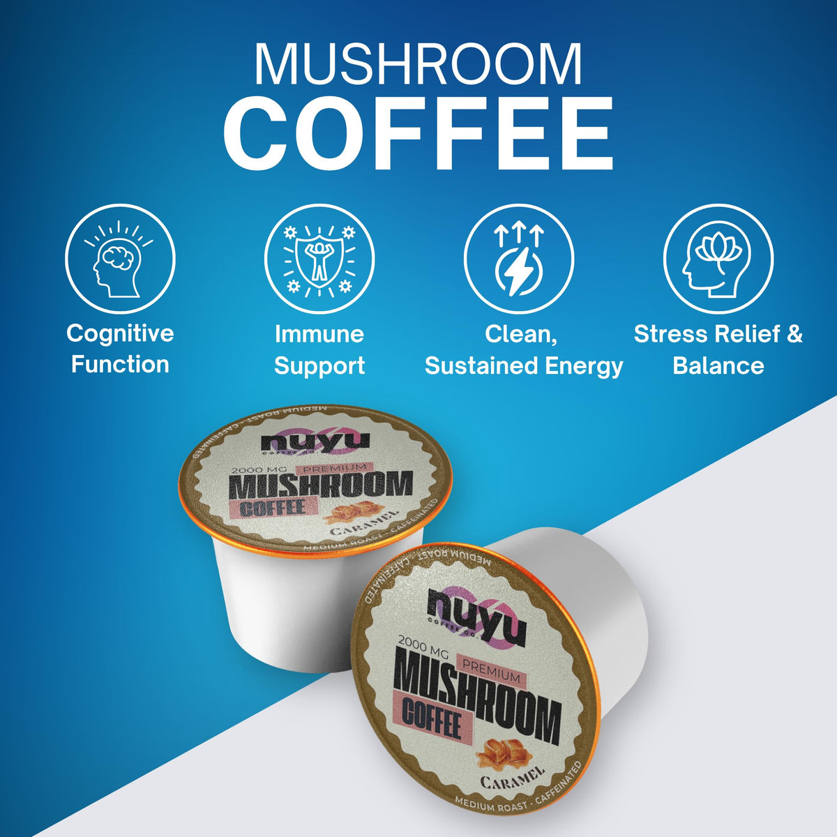 Nuyu Mushroom Coffee Pods – 2000mg Mushroom Blend per Pod, 100% Arabica Caramel K-Cups (Lion’s Mane, Reishi, Chaga, Cordyceps) – 24 ct