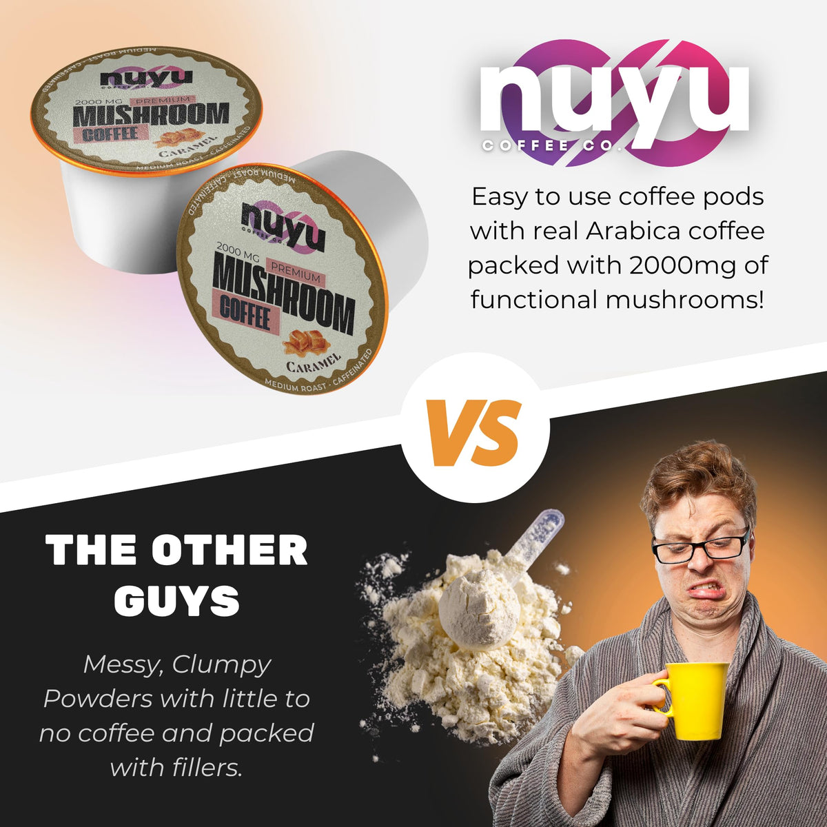 Nuyu Mushroom Coffee Pods – 2000mg Mushroom Blend per Pod, 100% Arabica Caramel K-Cups (Lion’s Mane, Reishi, Chaga, Cordyceps) – 24 ct