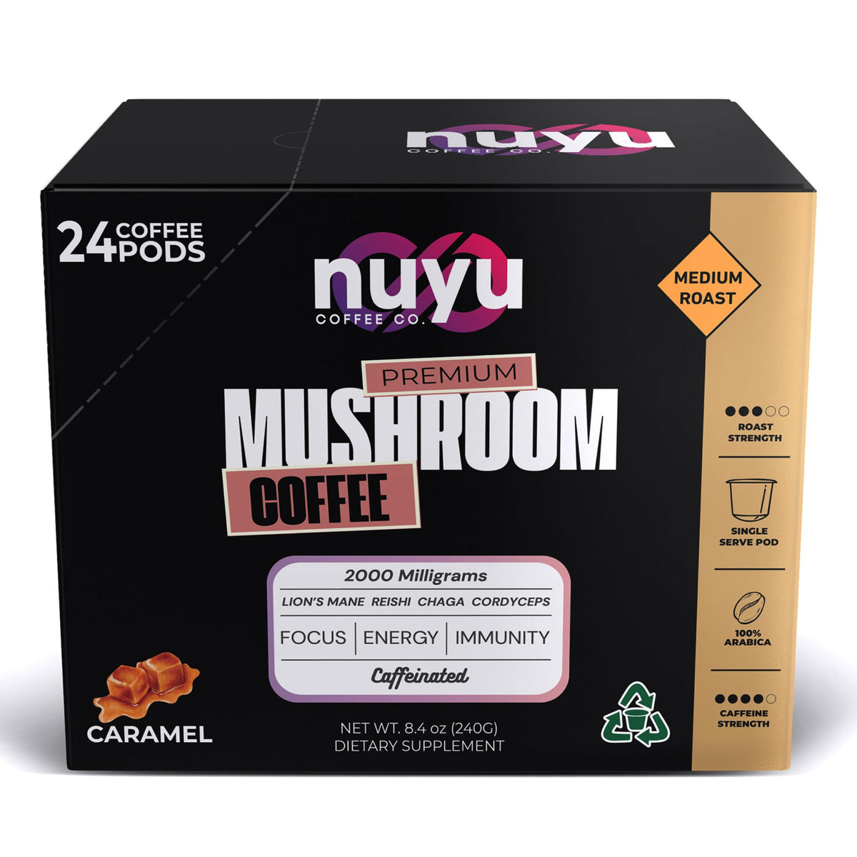 Nuyu Mushroom Coffee Pods – 2000mg Mushroom Blend per Pod, 100% Arabica Caramel K-Cups (Lion’s Mane, Reishi, Chaga, Cordyceps) – 24 ct