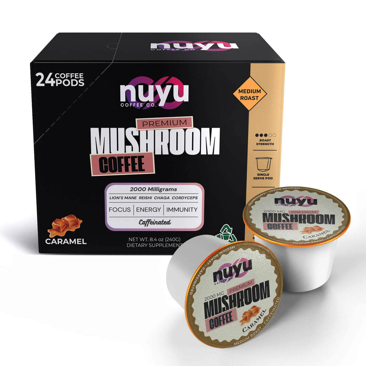 Nuyu Mushroom Coffee Pods – 2000mg Mushroom Blend per Pod, 100% Arabica Caramel K-Cups (Lion’s Mane, Reishi, Chaga, Cordyceps) – 24 ct