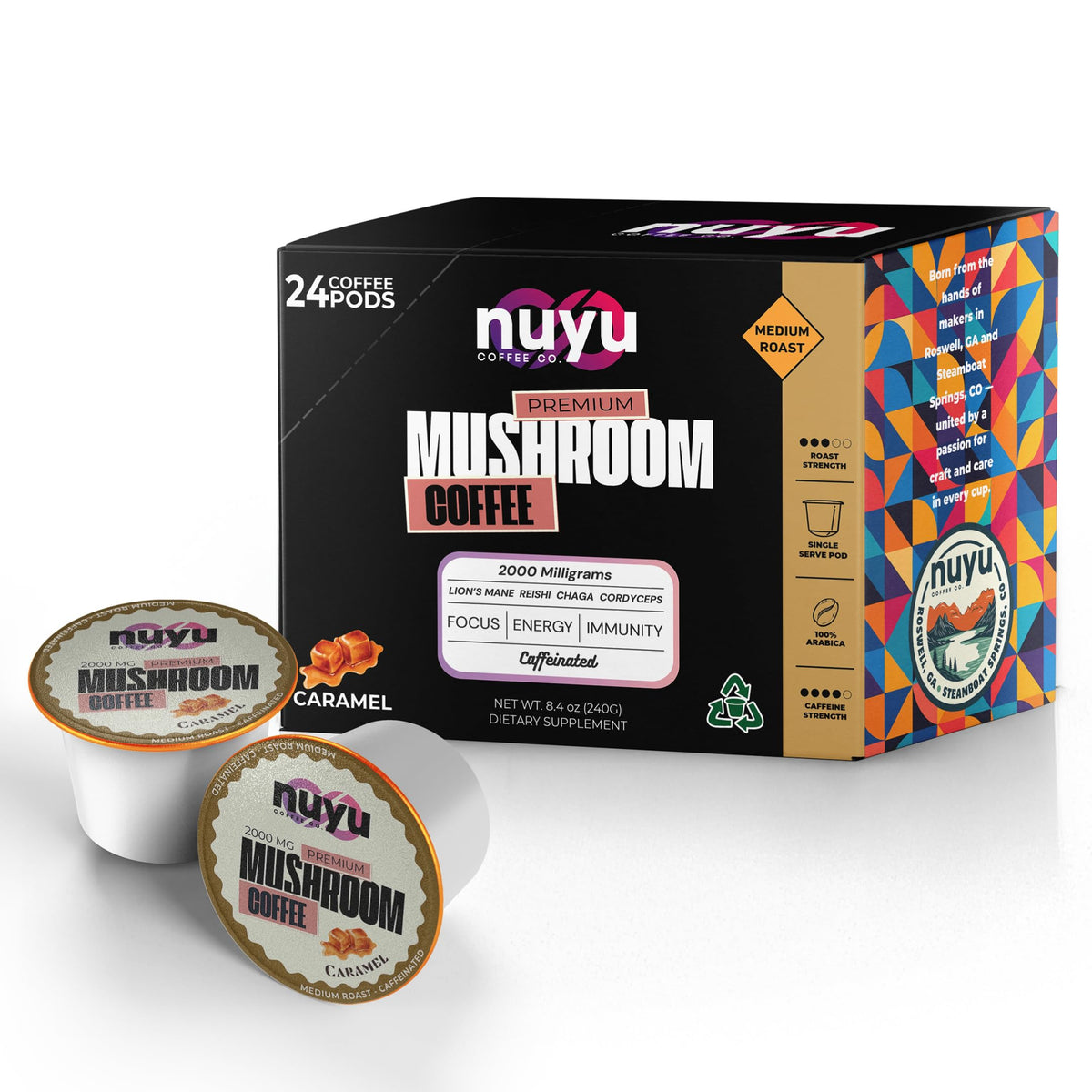 Nuyu Mushroom Coffee Pods – 2000mg Mushroom Blend per Pod, 100% Arabica Caramel K-Cups (Lion’s Mane, Reishi, Chaga, Cordyceps) – 24 ct