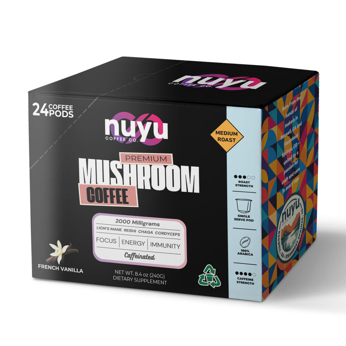 Nuyu Mushroom Coffee Pods – Medium Roast Arabica with Lion's Mane, Reishi, Chaga & Cordyceps, 2000mg per Pod, French Vanilla (24 K-Cups)