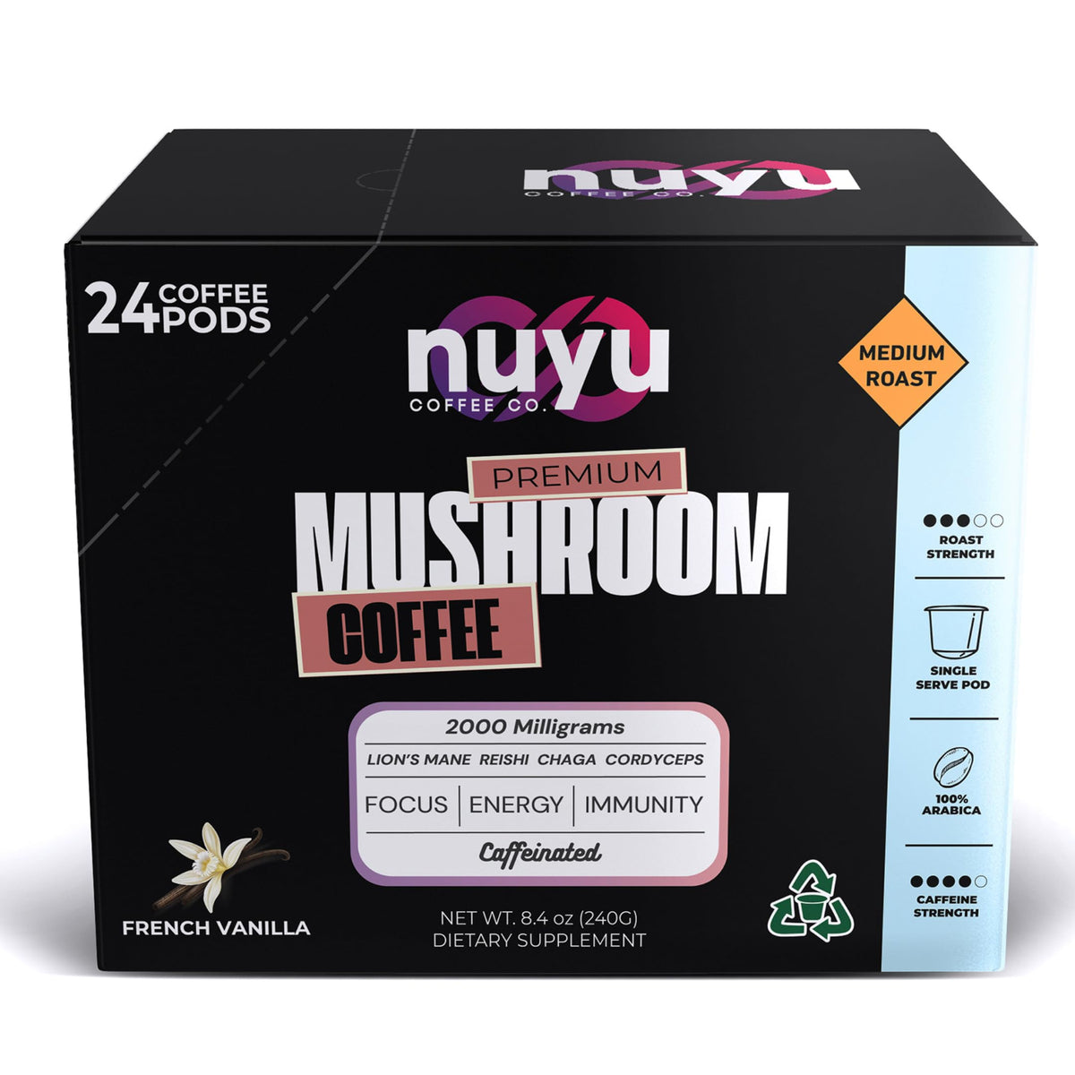 Nuyu Mushroom Coffee Pods – Medium Roast Arabica with Lion's Mane, Reishi, Chaga & Cordyceps, 2000mg per Pod, French Vanilla (24 K-Cups)