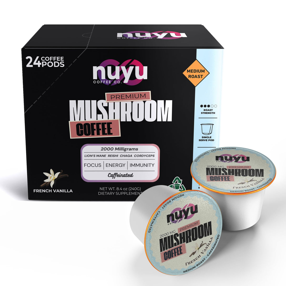 Nuyu Mushroom Coffee Pods – Medium Roast Arabica with Lion's Mane, Reishi, Chaga & Cordyceps, 2000mg per Pod, French Vanilla (24 K-Cups)