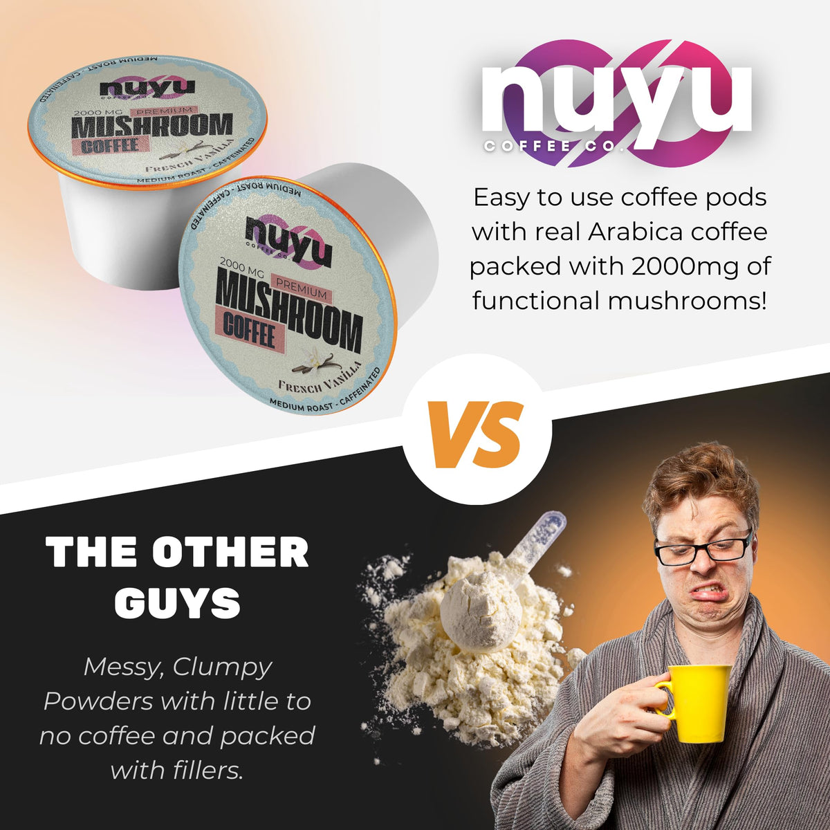 Nuyu Mushroom Coffee Pods – Medium Roast Arabica with Lion's Mane, Reishi, Chaga & Cordyceps, 2000mg per Pod, French Vanilla (24 K-Cups)