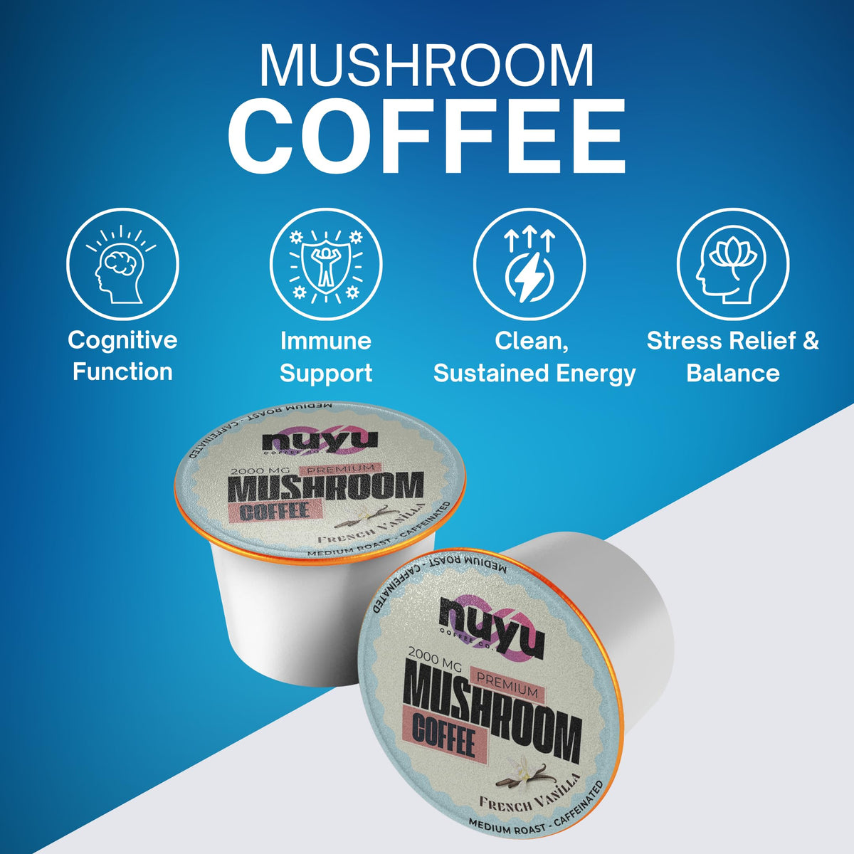Nuyu Mushroom Coffee Pods – Medium Roast Arabica with Lion's Mane, Reishi, Chaga & Cordyceps, 2000mg per Pod, French Vanilla (24 K-Cups)