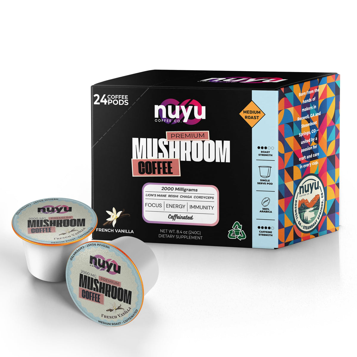 Nuyu Mushroom Coffee Pods – Medium Roast Arabica with Lion's Mane, Reishi, Chaga & Cordyceps, 2000mg per Pod, French Vanilla (24 K-Cups)