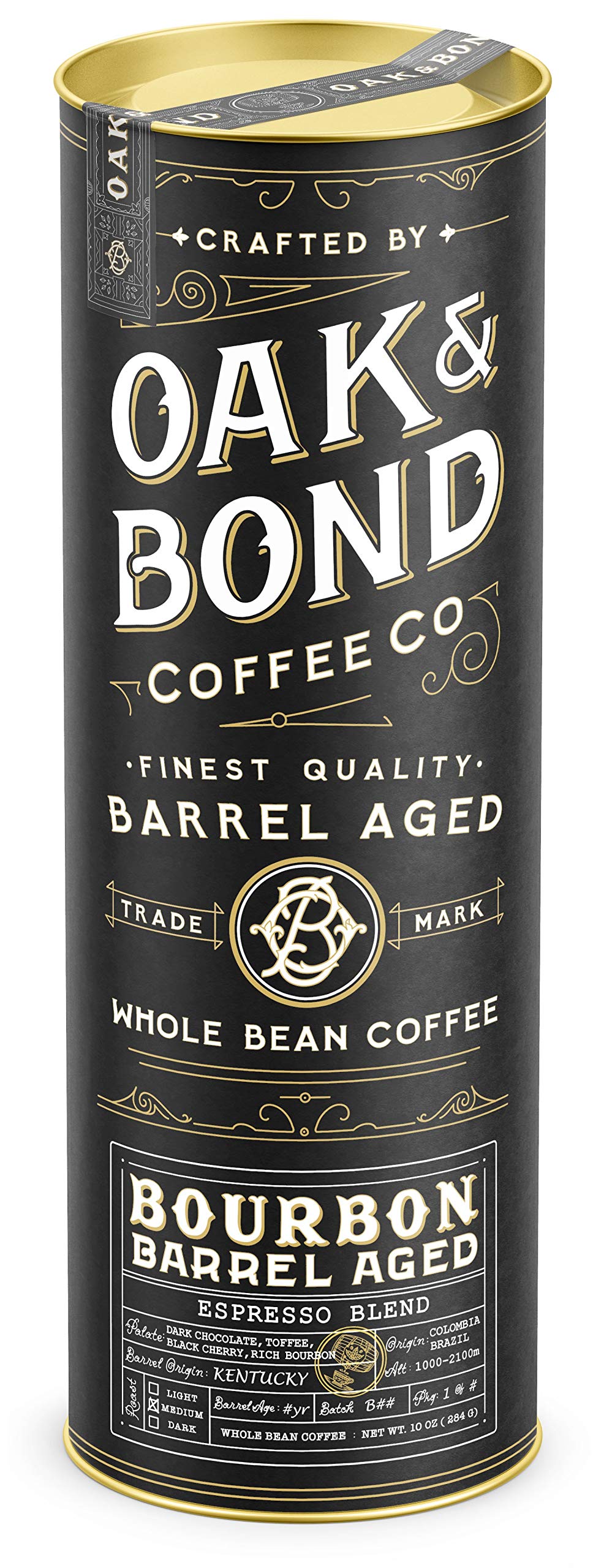 Oak & Bond Espresso Bourbon Barrel-Aged Coffee — Colombia & Brazil Dark Roast, Arabica Whole Bean, 10 oz