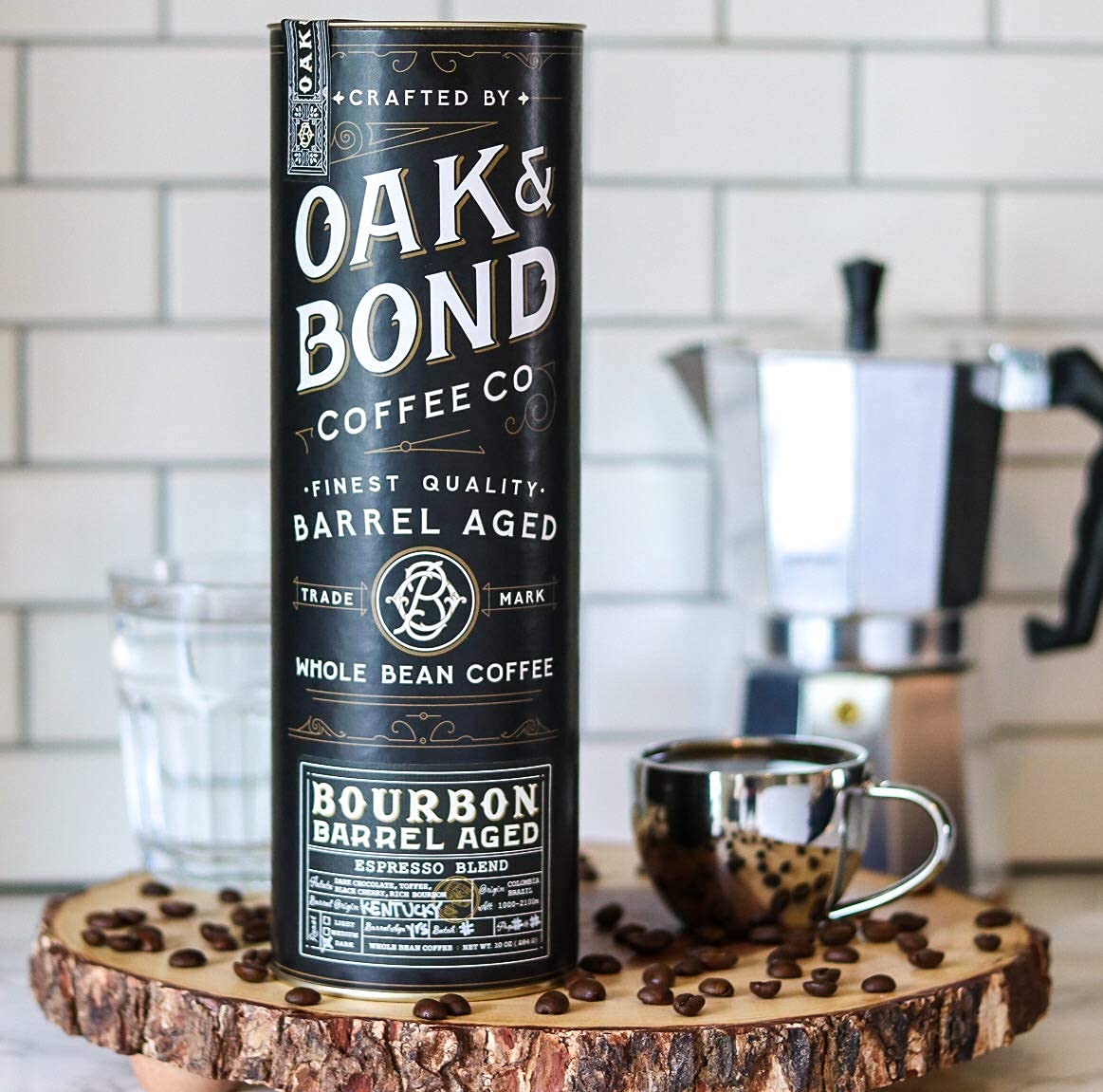 Oak & Bond Espresso Bourbon Barrel-Aged Coffee — Colombia & Brazil Dark Roast, Arabica Whole Bean, 10 oz