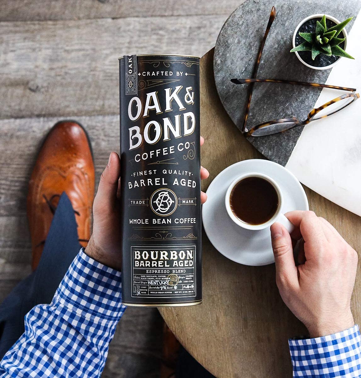Oak & Bond Espresso Bourbon Barrel-Aged Coffee — Colombia & Brazil Dark Roast, Arabica Whole Bean, 10 oz