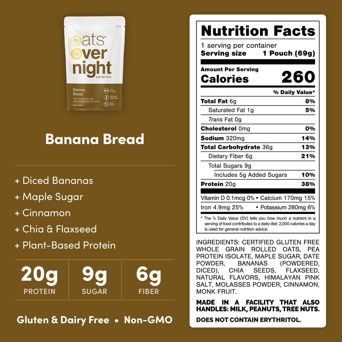 Oats Overnight Banana Bread – Vegan Overnight Oats with 20g Protein, Gluten Free, Non-GMO (8 Pack)