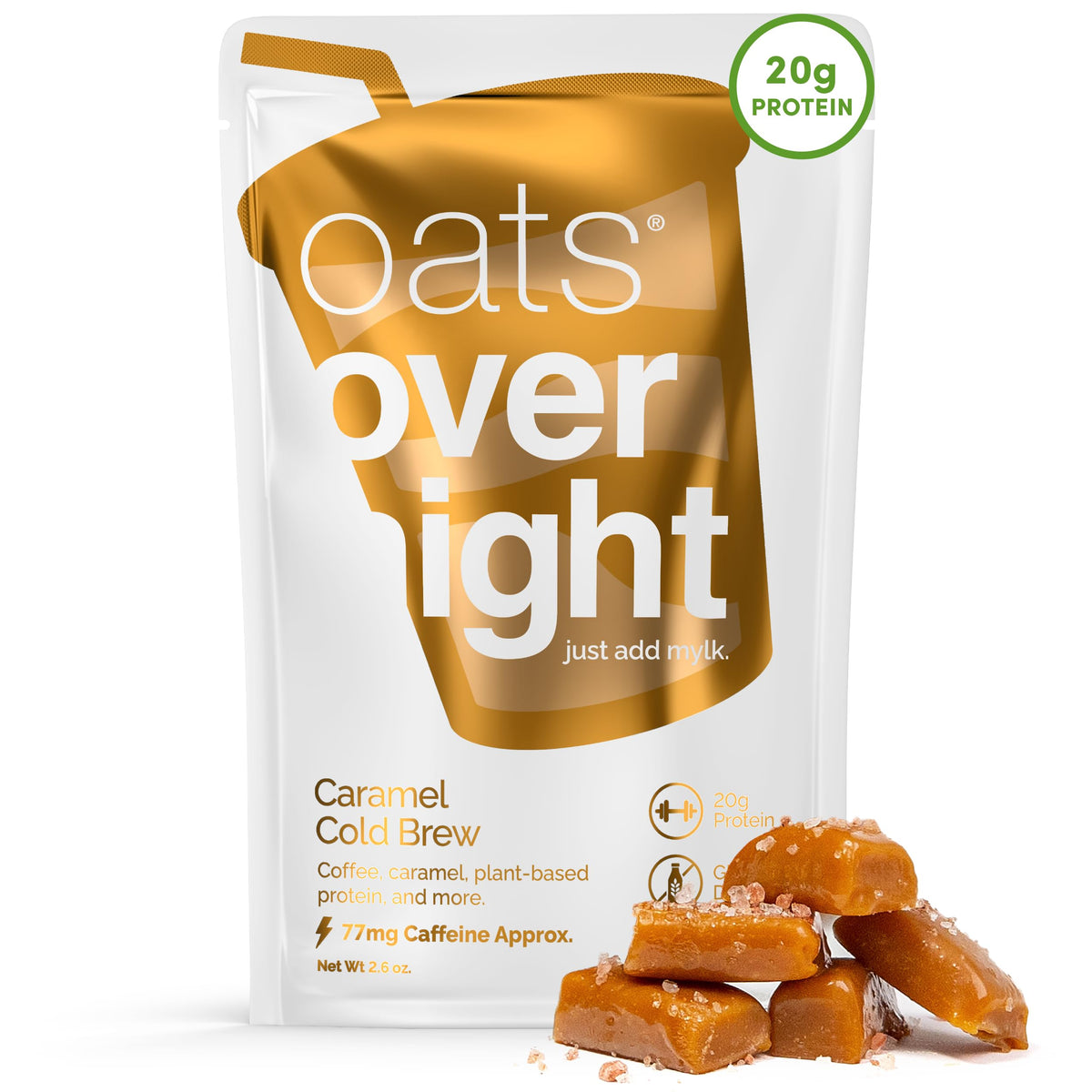 Oats Overnight Caramel Cold Brew - Vegan 20g Protein, High Fiber Breakfast Shake, 65mg Caffeine, Gluten Free (8 Pack)