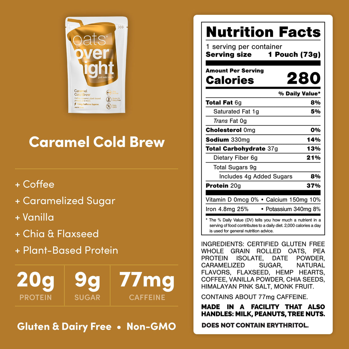 Oats Overnight Caramel Cold Brew - Vegan 20g Protein, High Fiber Breakfast Shake, 65mg Caffeine, Gluten Free (8 Pack)