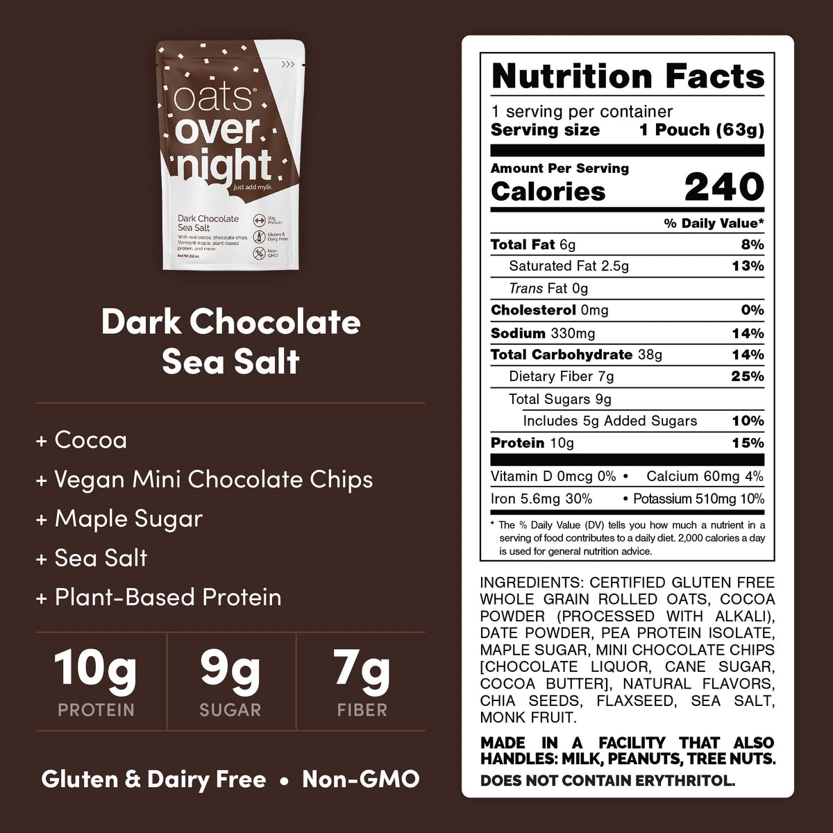 Oats Overnight Dark Chocolate Sea Salt – Vegan Breakfast Shake, 10g Protein, High Fiber, Gluten Free (2.2 oz ×8)
