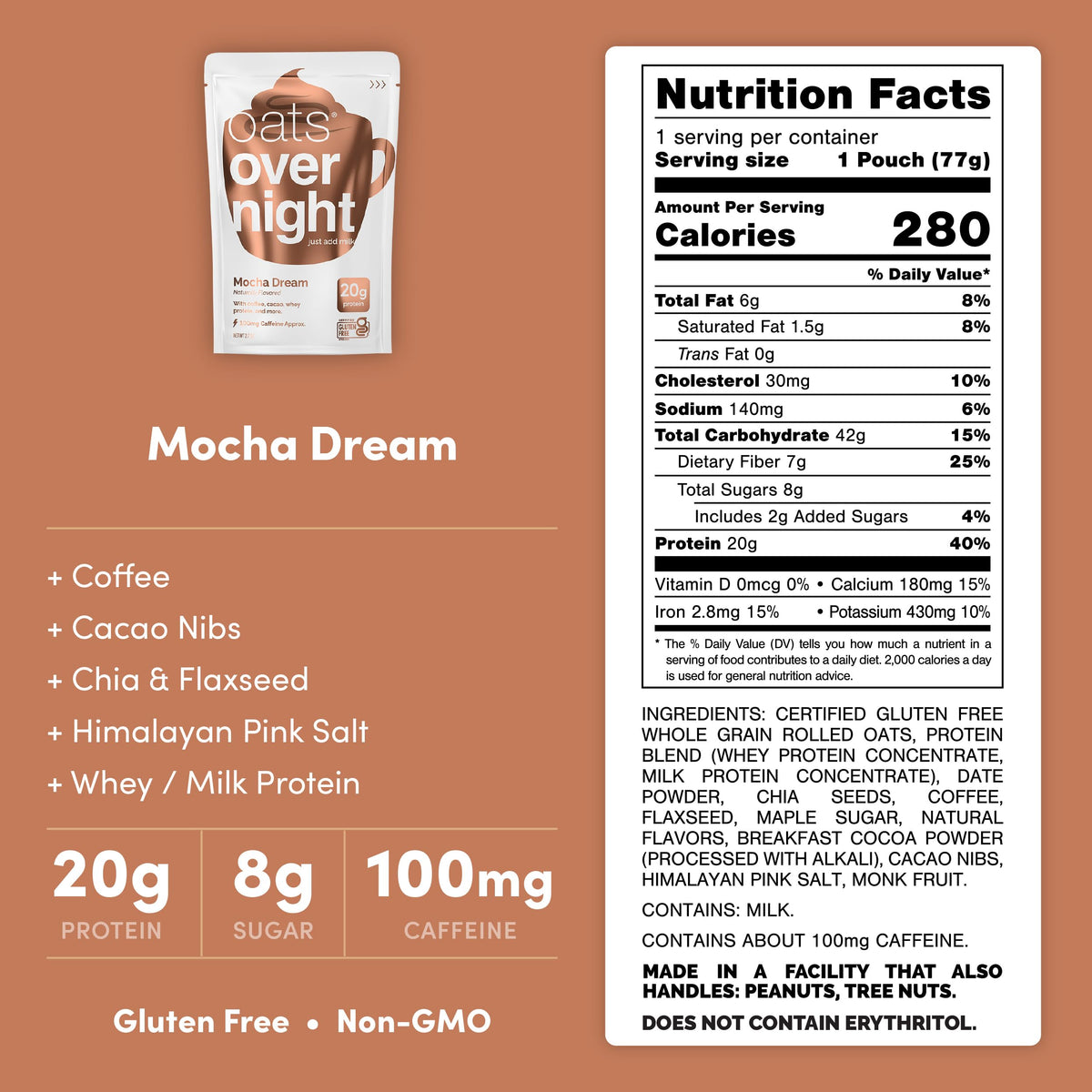 Oats Overnight Mocha Dream – 20g Protein Breakfast Shake, Gluten Free, Non-GMO, 16 Pack