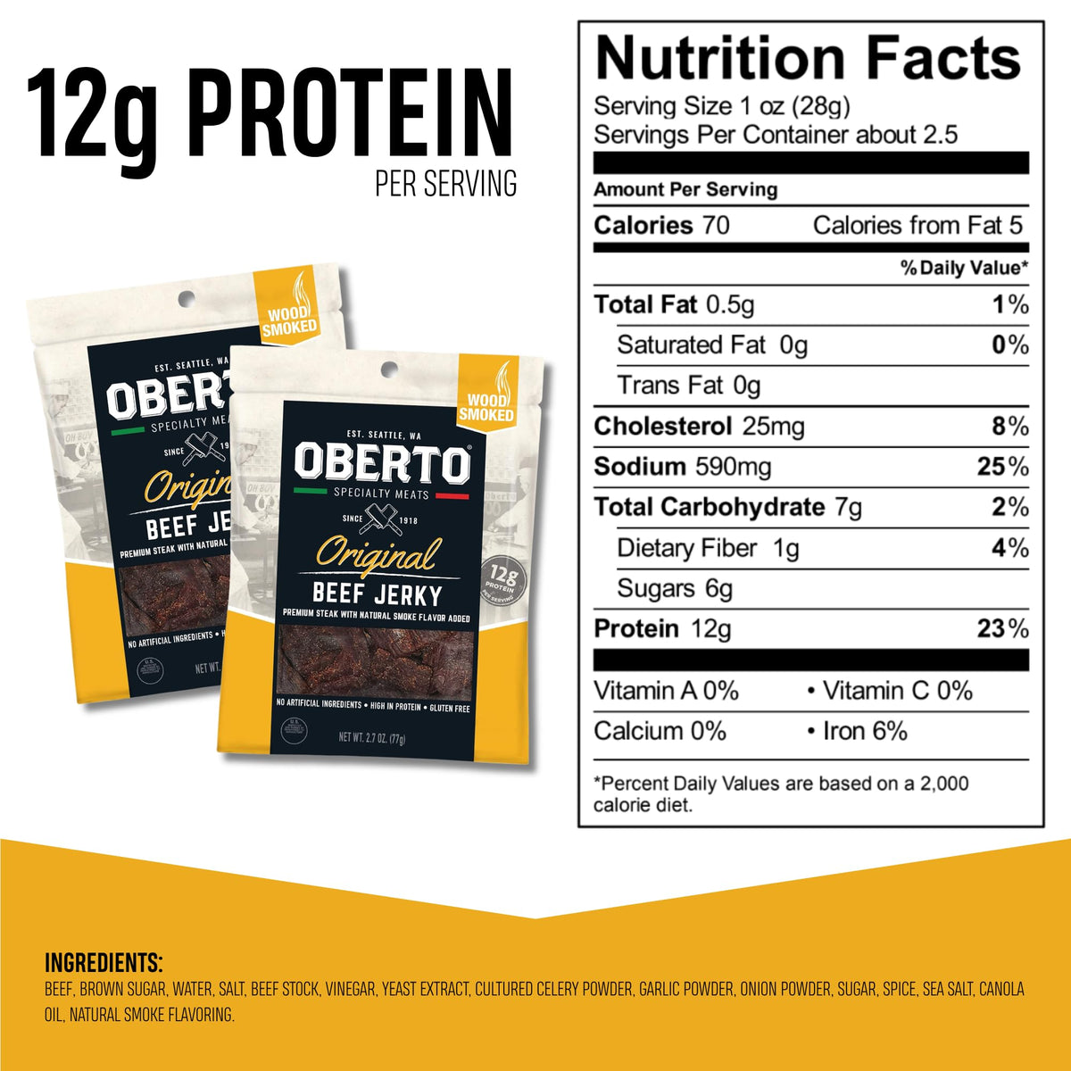 Oberto Original Beef Jerky — Real Wood Smoked, 12g Protein per 1oz, 2.7 oz Pack of 8