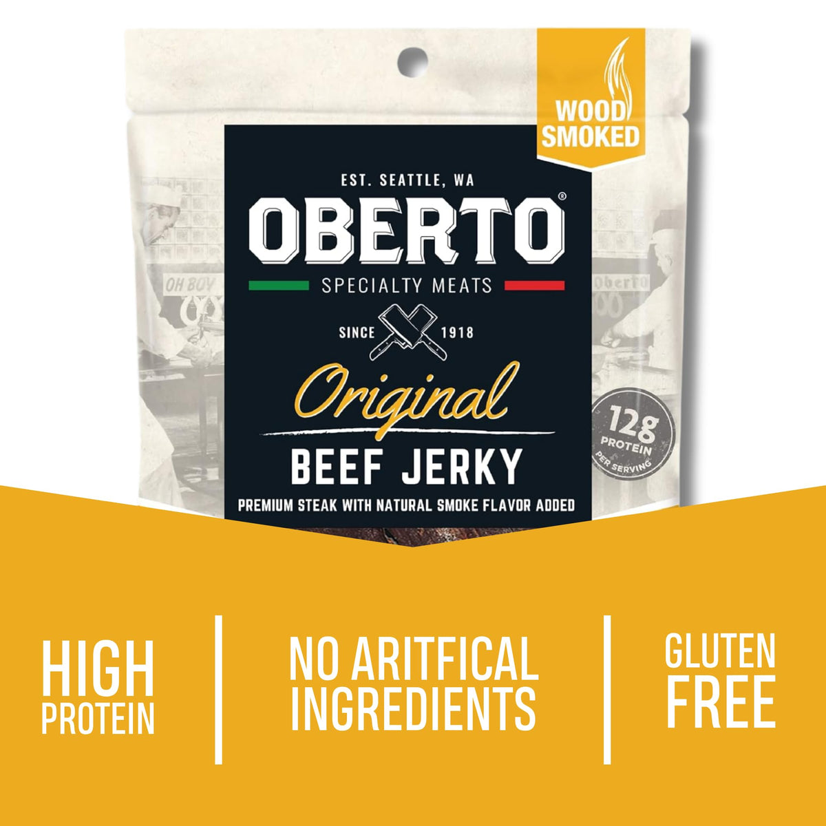 Oberto Original Beef Jerky — Real Wood Smoked, 12g Protein per 1oz, 2.7 oz Pack of 8