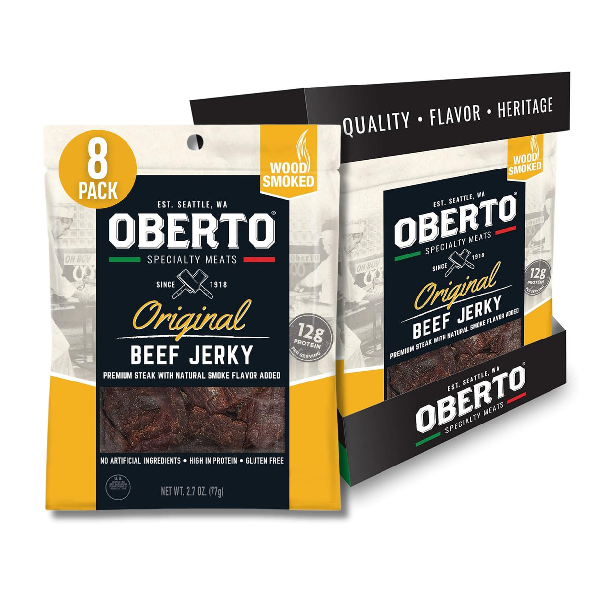 Oberto Original Beef Jerky — Real Wood Smoked, 12g Protein per 1oz, 2.7 oz Pack of 8