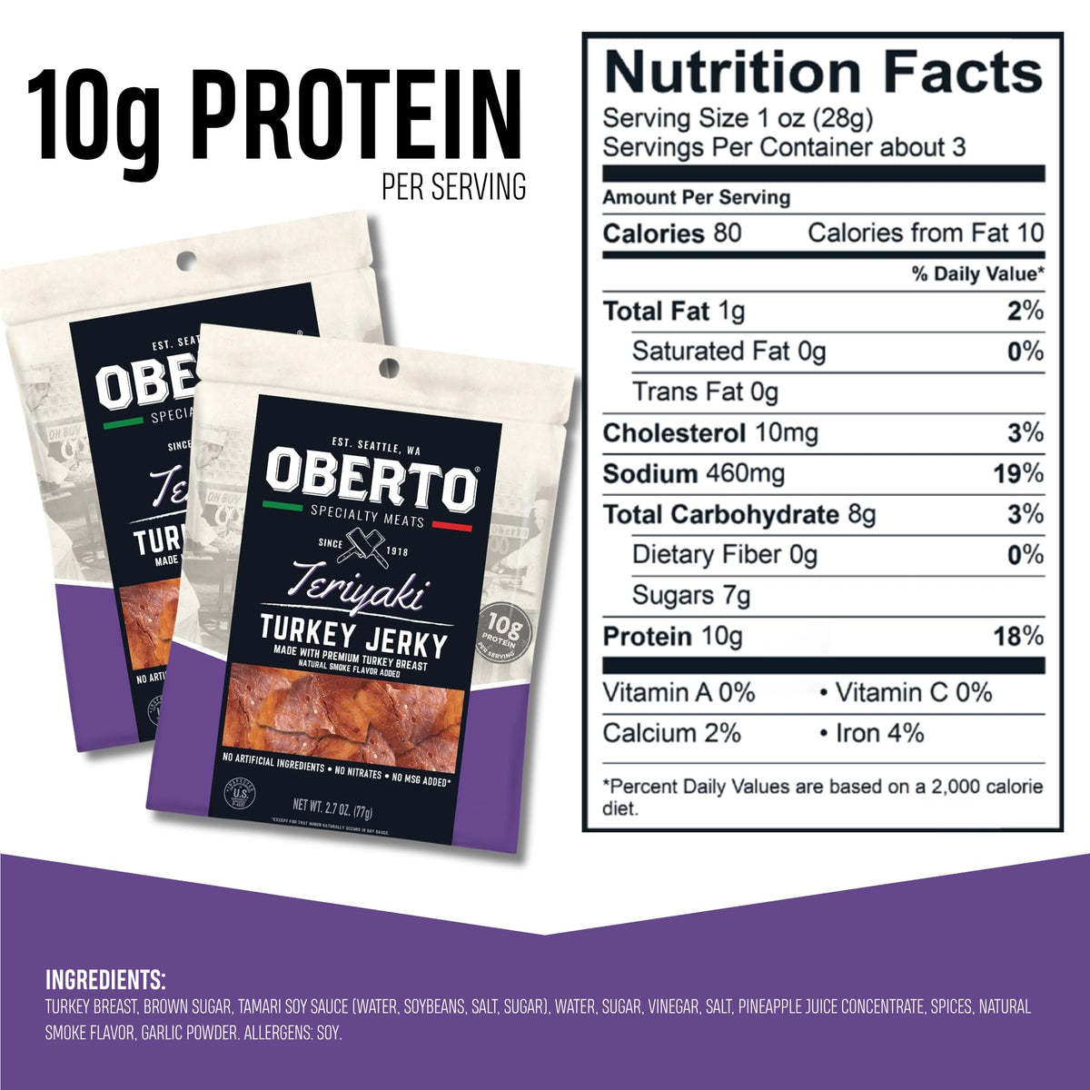 Oberto Teriyaki Turkey Jerky — 10 g Protein per 1 oz, No Artificial Ingredients, Pack of 8 (2.7 oz each)