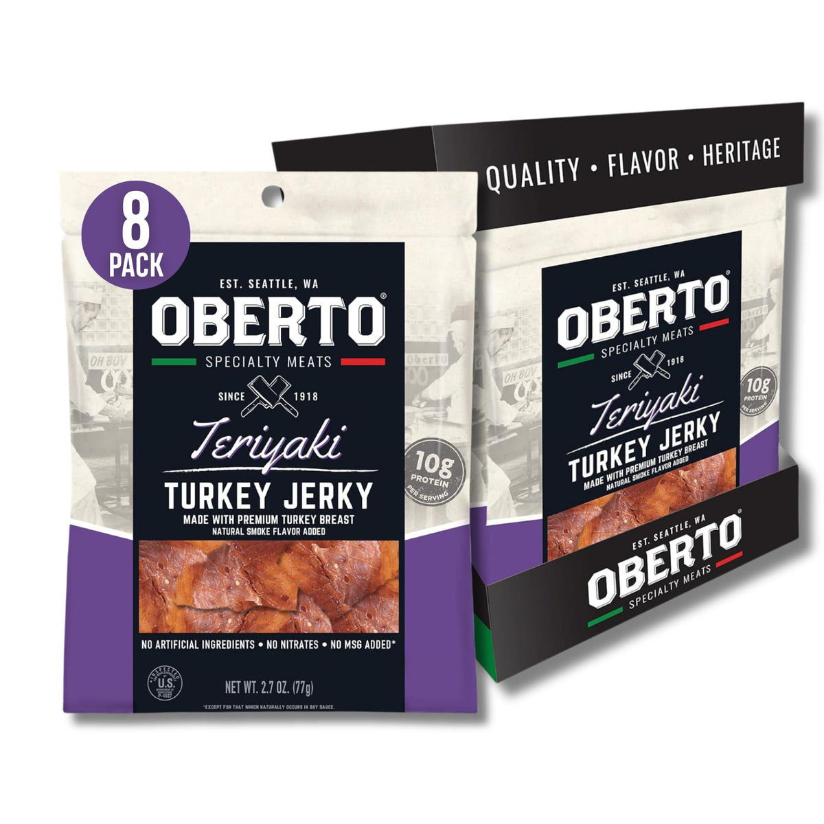 Oberto Teriyaki Turkey Jerky — 10 g Protein per 1 oz, No Artificial Ingredients, Pack of 8 (2.7 oz each)