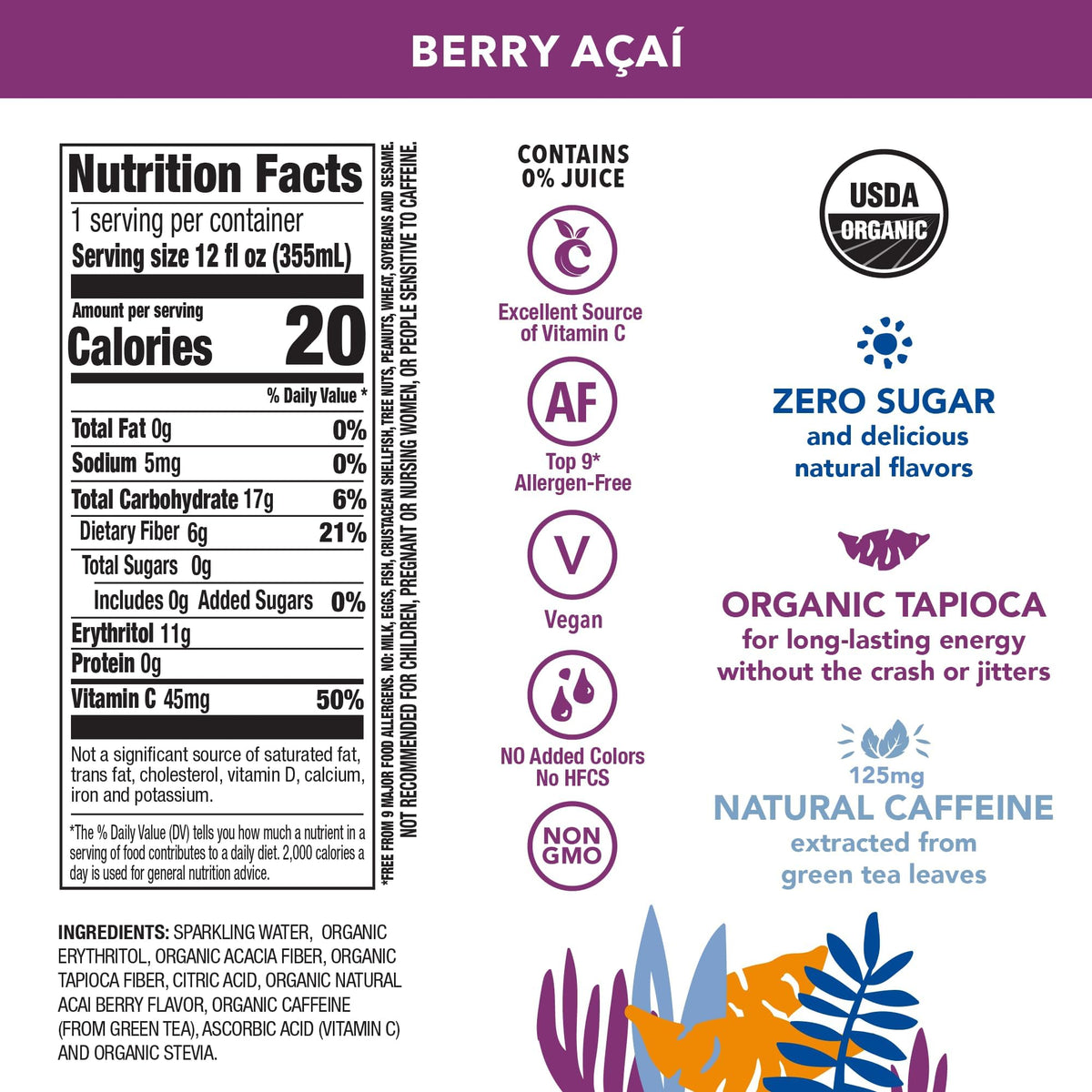 OCA Zero 3-Flavor Variety Pack – Berry Acai, Tropical Mango & Strawberry Watermelon | Organic Energy Drink, Zero Sugar, Vegan, Gluten-Free, 12 fl oz (12-pack)