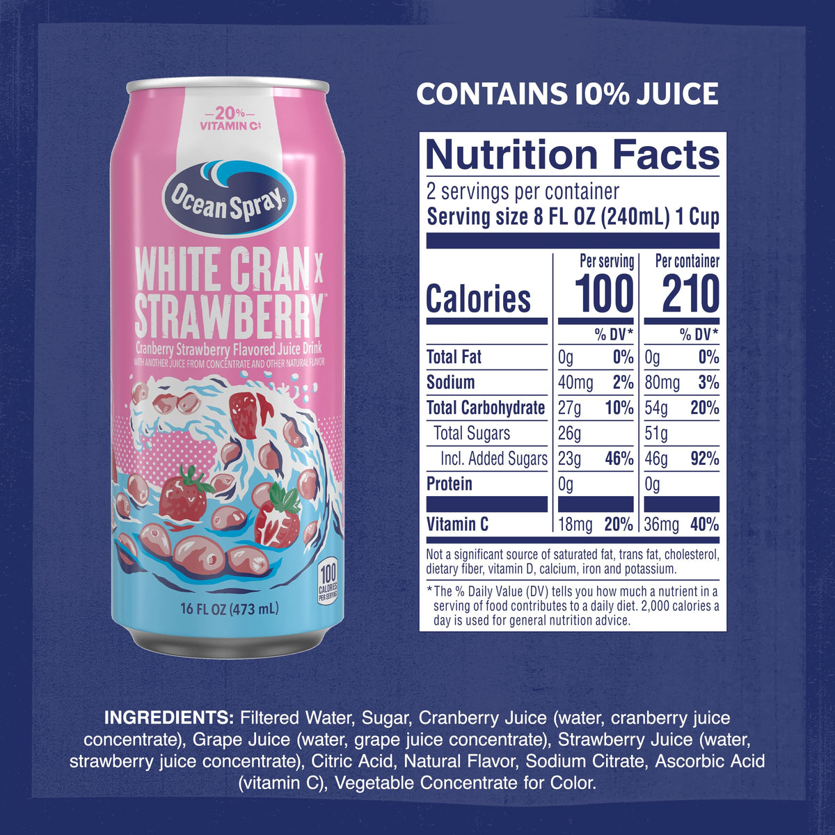 Ocean Spray White Cran-Strawberry Juice Drink – 16 fl oz Can (12 Pack) | No HFCS, Vitamin C