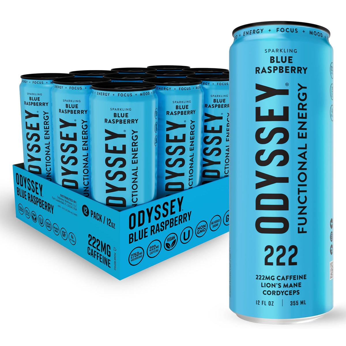 Odyssey Elixir Functional Energy Drink for Focus, Cognition & Mood Support 12 Pack - Sparkling Blue Raspberry