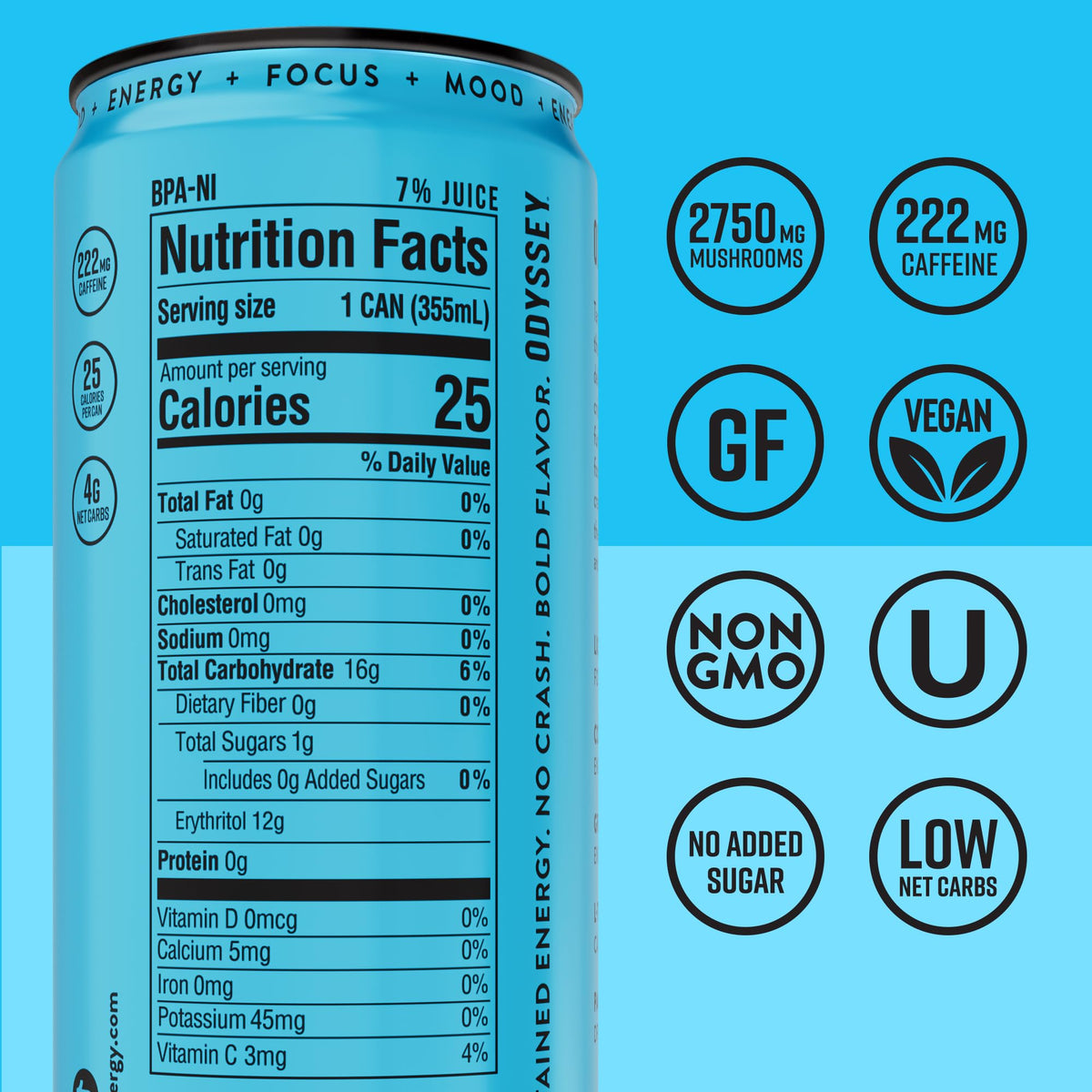 Odyssey Elixir Functional Energy Drink for Focus, Cognition & Mood Support 12 Pack - Sparkling Blue Raspberry