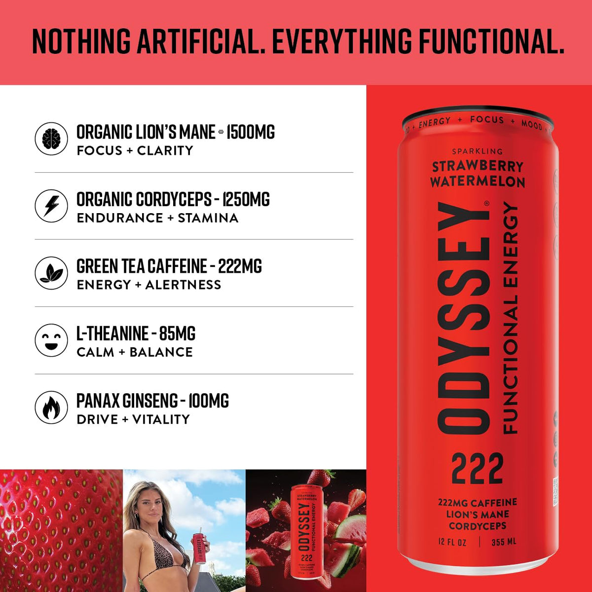 Odyssey Elixir Odyssey 222 – Sparkling Energy Drink with 222 mg Caffeine, Lion’s Mane & Cordyps (Strawberry Watermelon)
