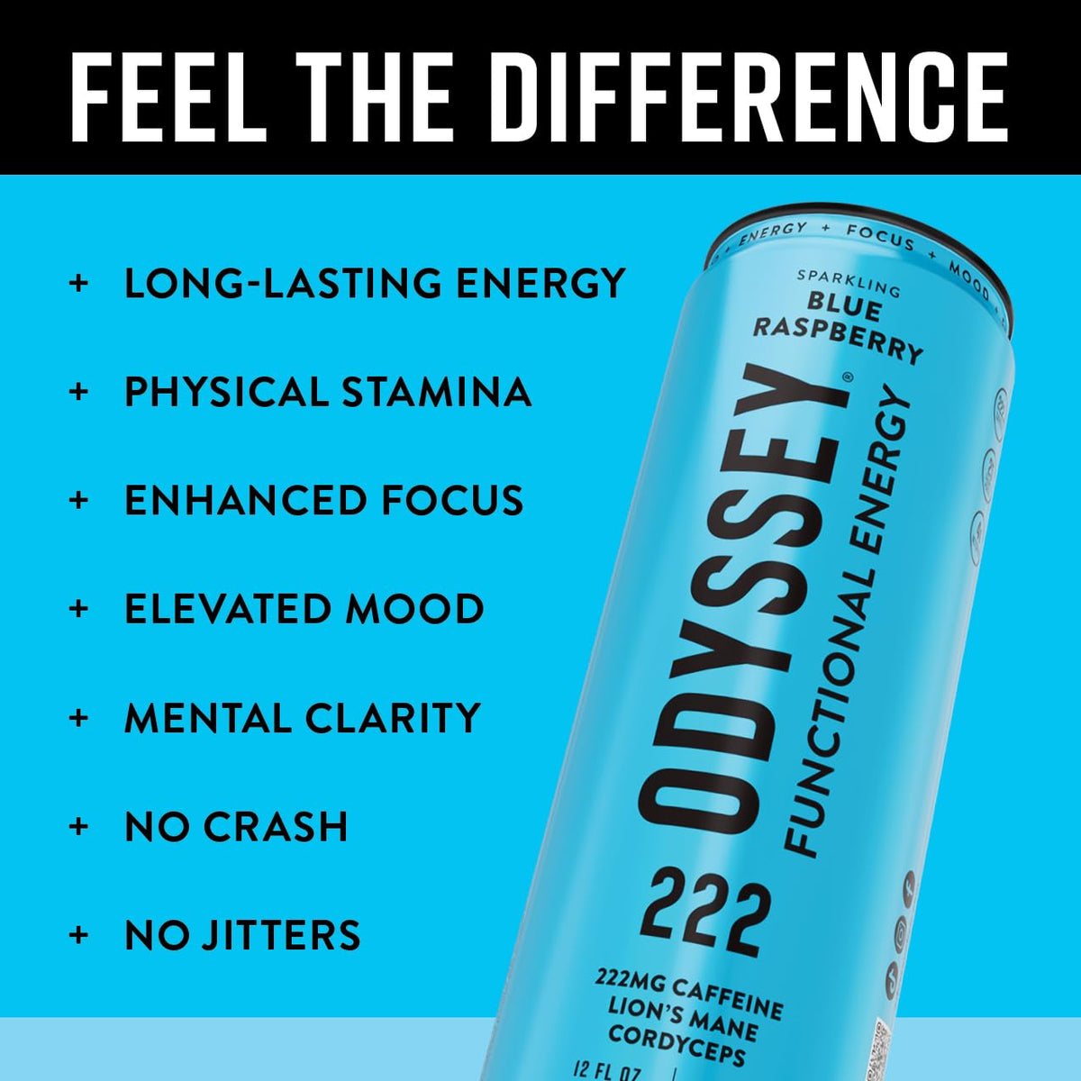 Odyssey Elixir Functional Energy Drink for Focus, Cognition & Mood Support 12 Pack - Sparkling Blue Raspberry