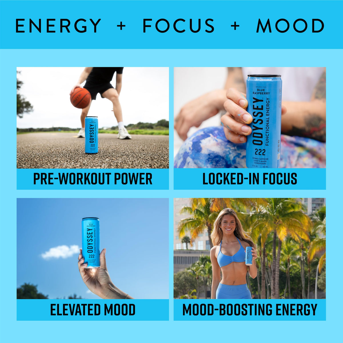 Odyssey Elixir Functional Energy Drink for Focus, Cognition & Mood Support 12 Pack - Sparkling Blue Raspberry
