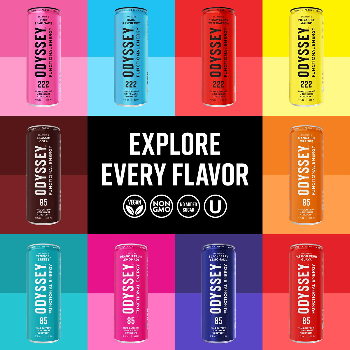 Odyssey Elixir Functional Energy Drink for Focus, Cognition & Mood Support 12 Pack - Sparkling Blue Raspberry