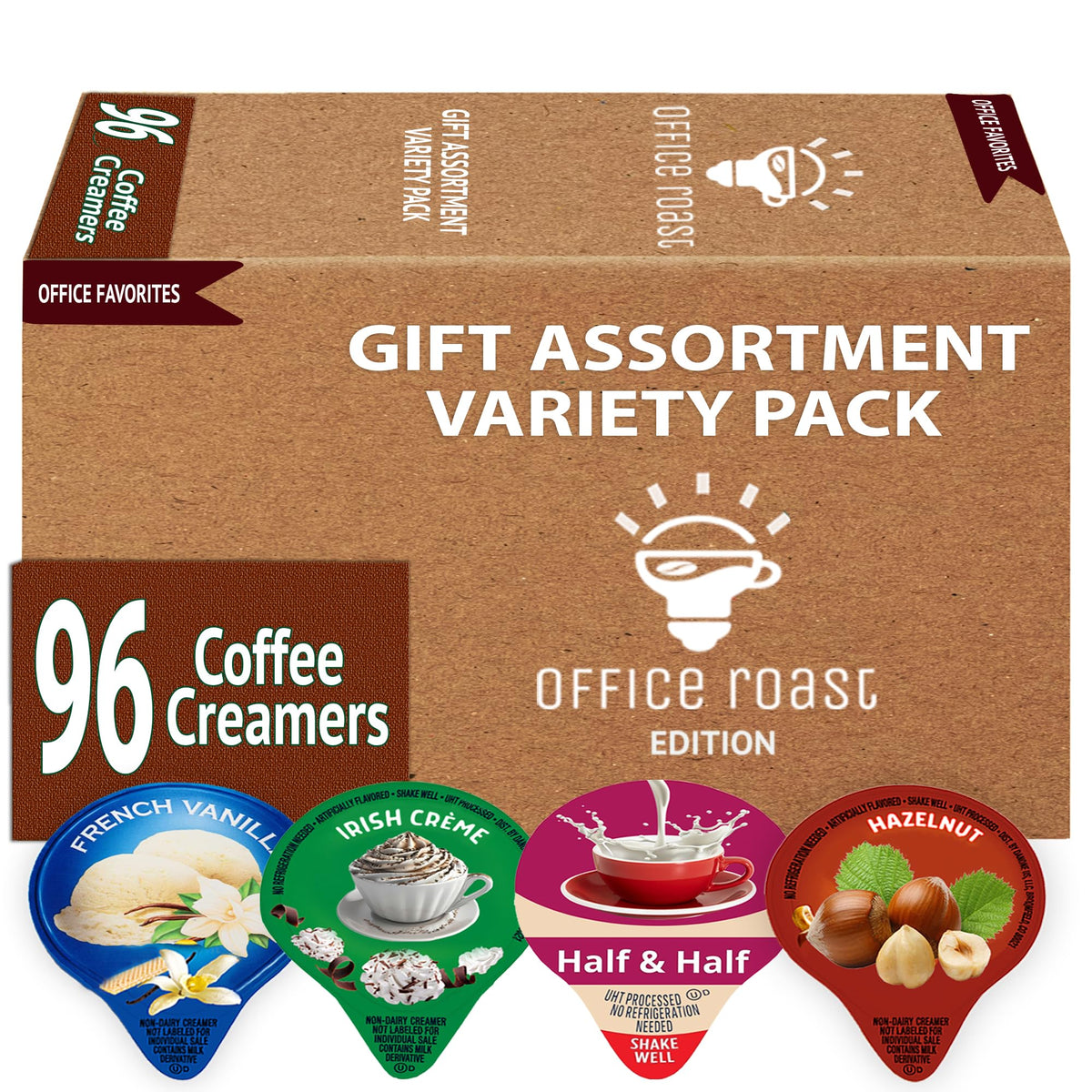 Office Roast Variety Pack Creamers – 96 Shelf-Stable Singles (French Vanilla, Hazelnut, Half-Half, Irish Cream)