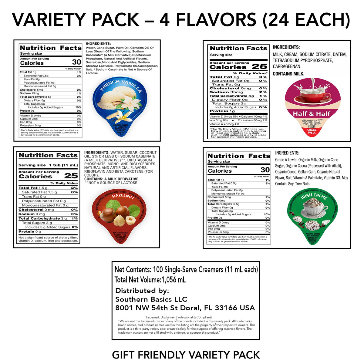 Office Roast Variety Pack Creamers – 96 Shelf-Stable Singles (French Vanilla, Hazelnut, Half-Half, Irish Cream)
