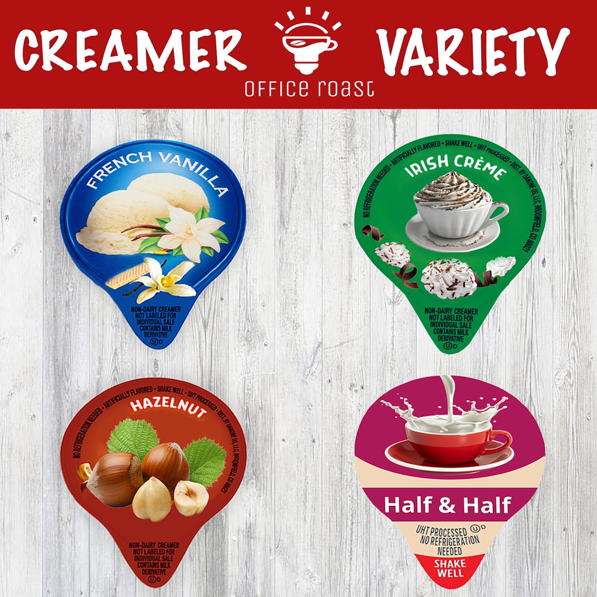 Office Roast Variety Pack Creamers – 96 Shelf-Stable Singles (French Vanilla, Hazelnut, Half-Half, Irish Cream)