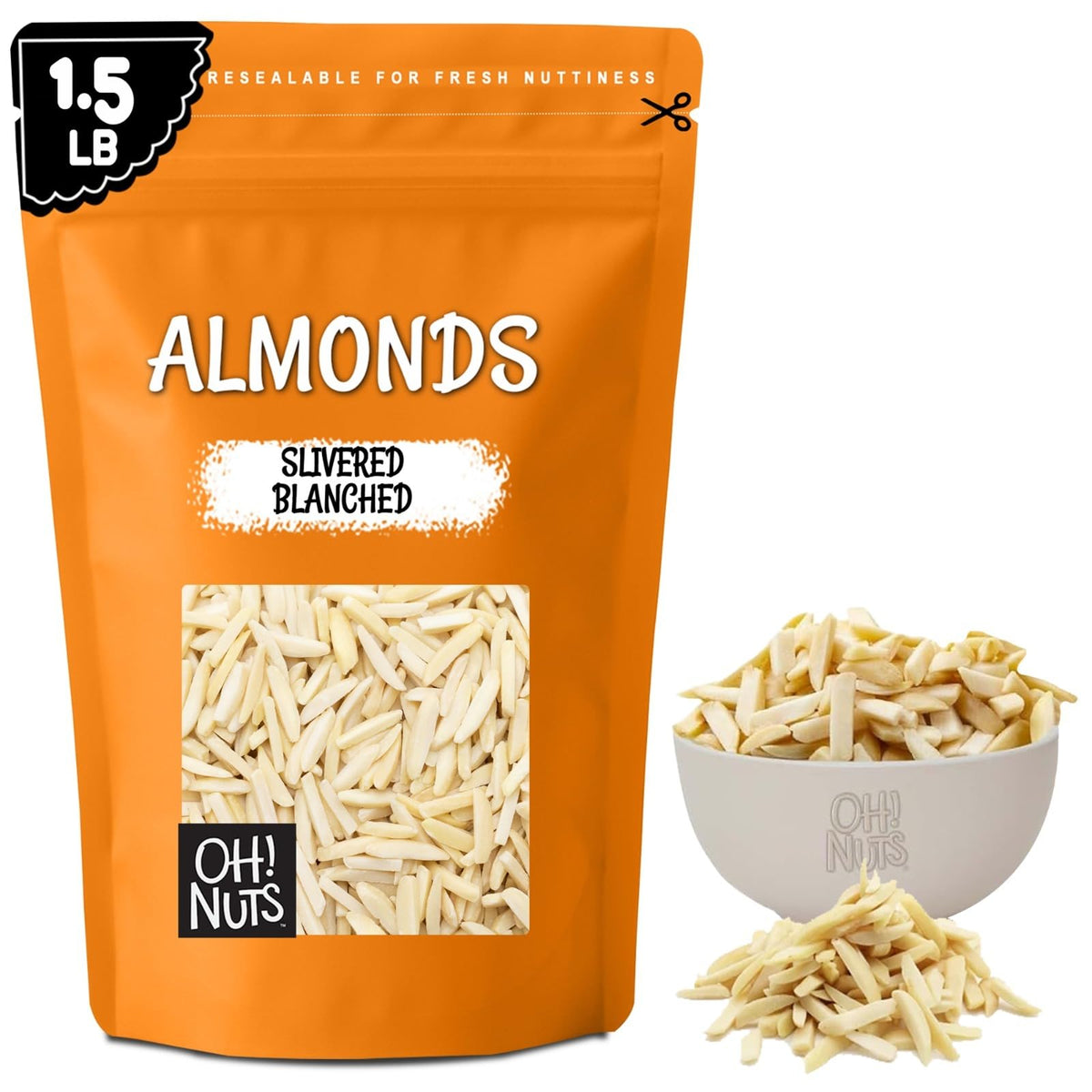 Oh! Nuts Blanched Slivered Almonds – Raw, 1.5 lb Zip‑Seal Bag | Fresh, Kosher, Natural